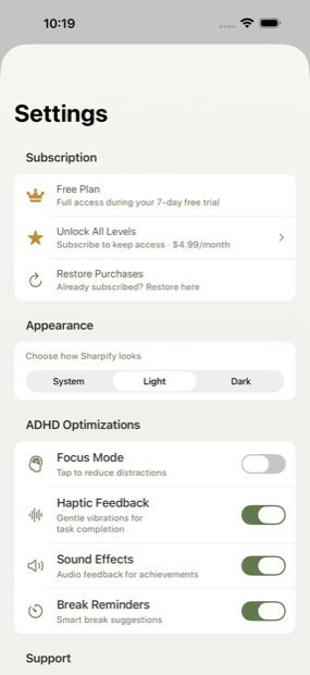 Sharpify settings and appearance